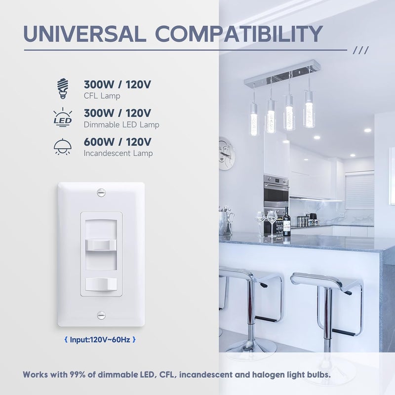 ECOELER Dimmer Light Switch, 3-Way/Single Pole Dimmer Switch for 300W Dimmable LED/CFL Lights and 600W INC/HAL Bulbs, No Neutral Wire Required, ETL&FCC Listed, White, 2 Pack - Image 3